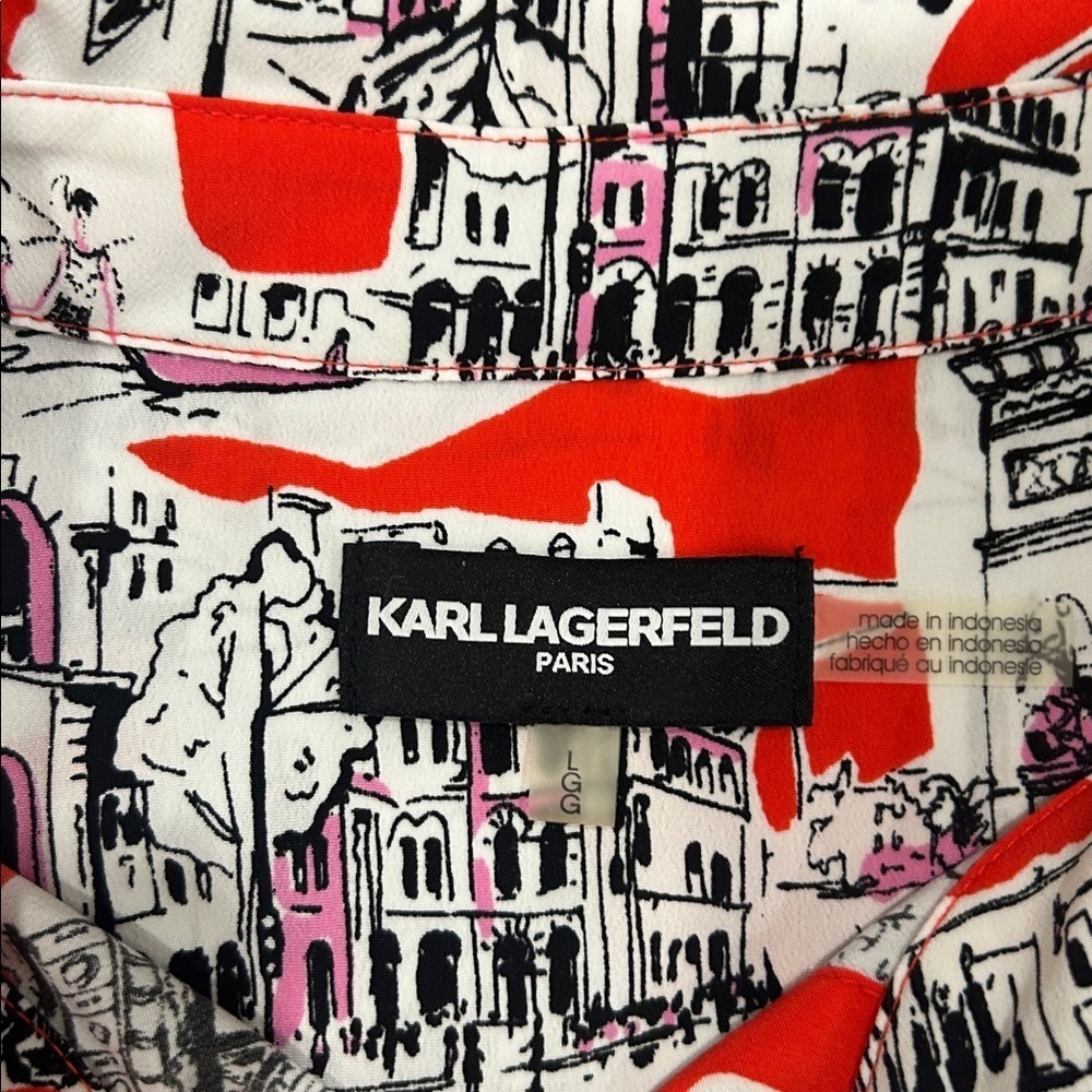 Karl Lagerfeld Women's Printed Bungee-Sleeve Short Shirt size L button Up - Picture 5 of 14